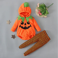 Halloween Pumpkin Costume Onesie with Hat Long Sleeve Baby Romper Suit Footed Crawlers Children's Clothing Toddler Outfit