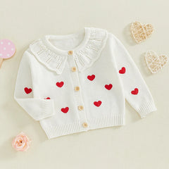 FOCUSNORM 0-5Y Valentines Days Little Kids Girls Cardigan Sweater 6 Colors Heart Embroidery Doll Collar Button Knitwear