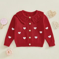 FOCUSNORM 0-5Y Valentines Days Little Kids Girls Cardigan Sweater 6 Colors Heart Embroidery Doll Collar Button Knitwear