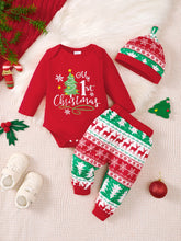 Newborn Christmas Set Letter Christmas Element Printed Long Sleeve+Pants+Hat 3-Piece Set for 0-18 Months Male Baby Festival Set