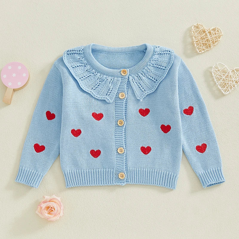 FOCUSNORM 0-5Y Valentines Days Little Kids Girls Cardigan Sweater 6 Colors Heart Embroidery Doll Collar Button Knitwear