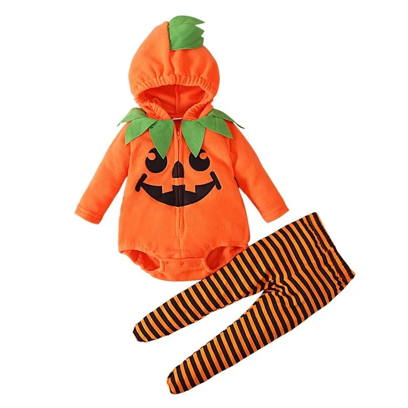Halloween Pumpkin Costume Onesie with Hat Long Sleeve Baby Romper Suit Footed Crawlers Children's Clothing Toddler Outfit
