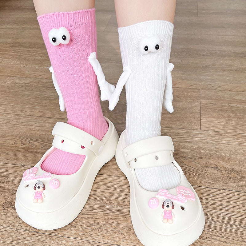 1 Pair Fashion Kids Paired Funny Cute Doll White Socks Woman Kawaii Medium Tube Hose Magnetic Socks With Hands Black White Color
