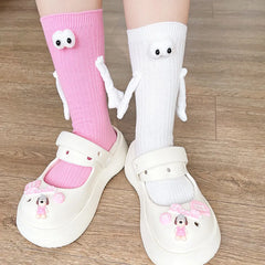 1 Pair Fashion Kids Paired Funny Cute Doll White Socks Woman Kawaii Medium Tube Hose Magnetic Socks With Hands Black White Color