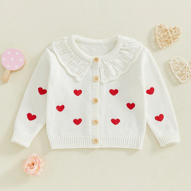 FOCUSNORM 0-5Y Valentines Days Little Kids Girls Cardigan Sweater 6 Colors Heart Embroidery Doll Collar Button Knitwear