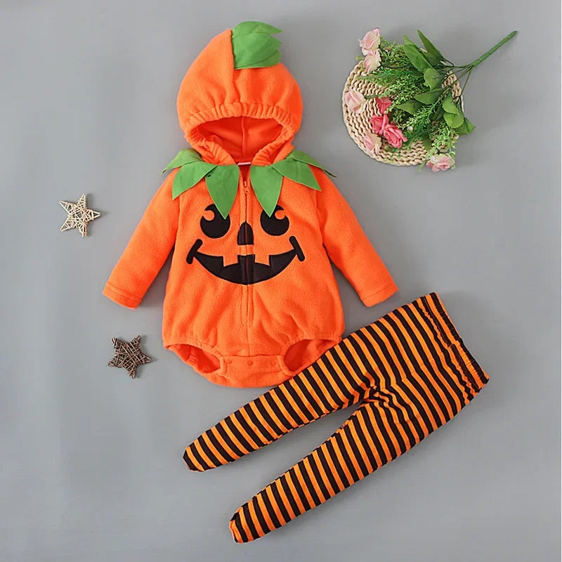 Halloween Pumpkin Costume Onesie with Hat Long Sleeve Baby Romper Suit Footed Crawlers Children's Clothing Toddler Outfit