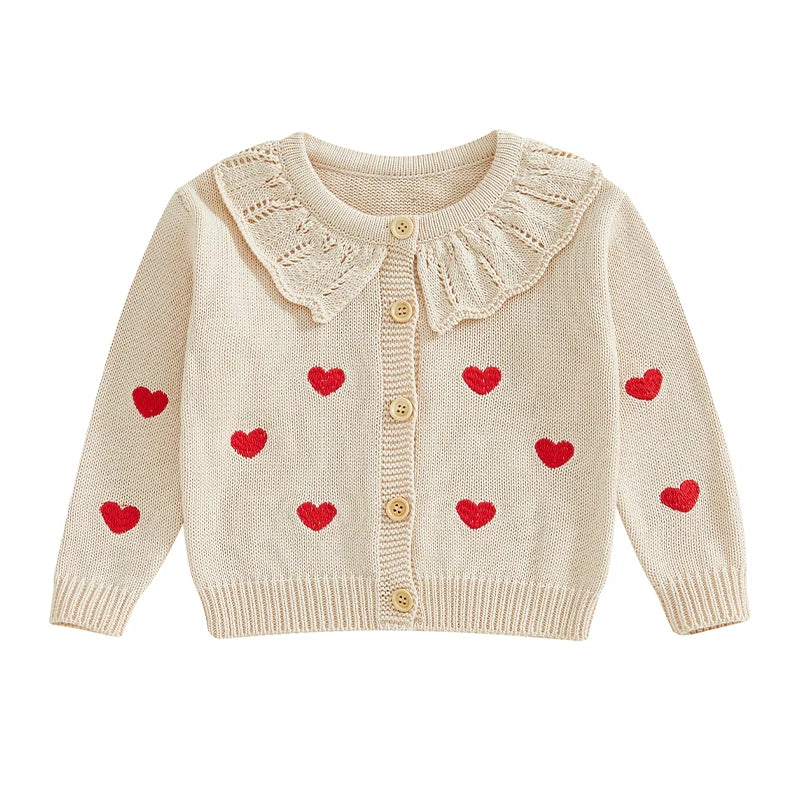 FOCUSNORM 0-5Y Valentines Days Little Kids Girls Cardigan Sweater 6 Colors Heart Embroidery Doll Collar Button Knitwear