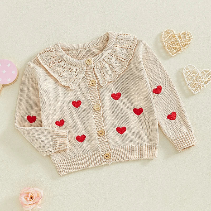 FOCUSNORM 0-5Y Valentines Days Little Kids Girls Cardigan Sweater 6 Colors Heart Embroidery Doll Collar Button Knitwear
