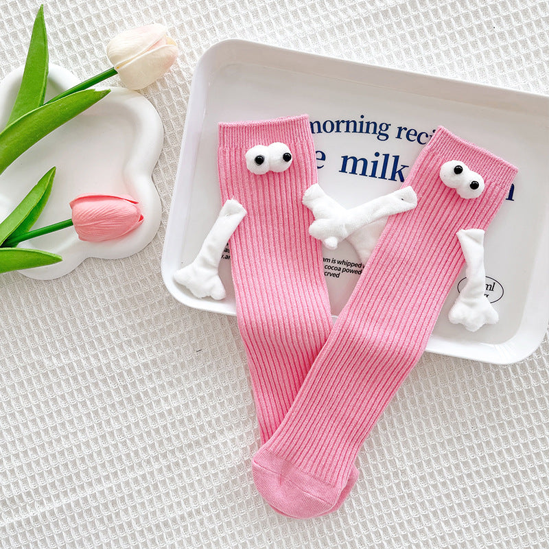 1 Pair Fashion Kids Paired Funny Cute Doll White Socks Woman Kawaii Medium Tube Hose Magnetic Socks With Hands Black White Color
