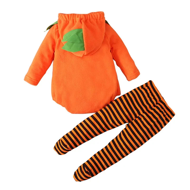 Halloween Pumpkin Costume Onesie with Hat Long Sleeve Baby Romper Suit Footed Crawlers Children's Clothing Toddler Outfit