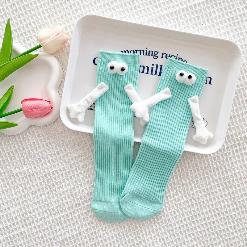 1 Pair Fashion Kids Paired Funny Cute Doll White Socks Woman Kawaii Medium Tube Hose Magnetic Socks With Hands Black White Color