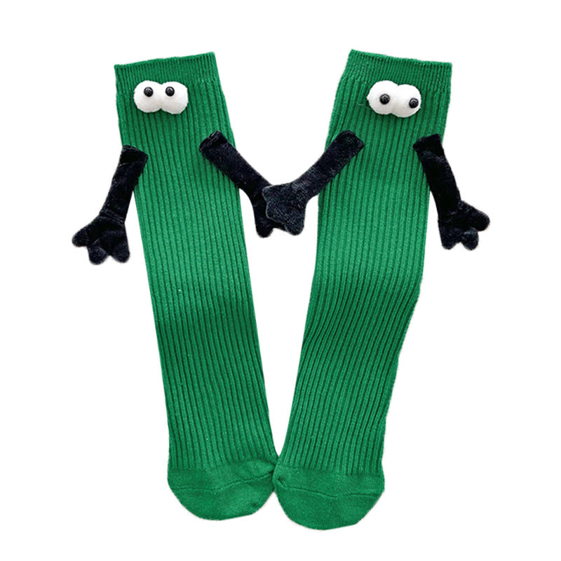 1 Pair Fashion Kids Paired Funny Cute Doll White Socks Woman Kawaii Medium Tube Hose Magnetic Socks With Hands Black White Color