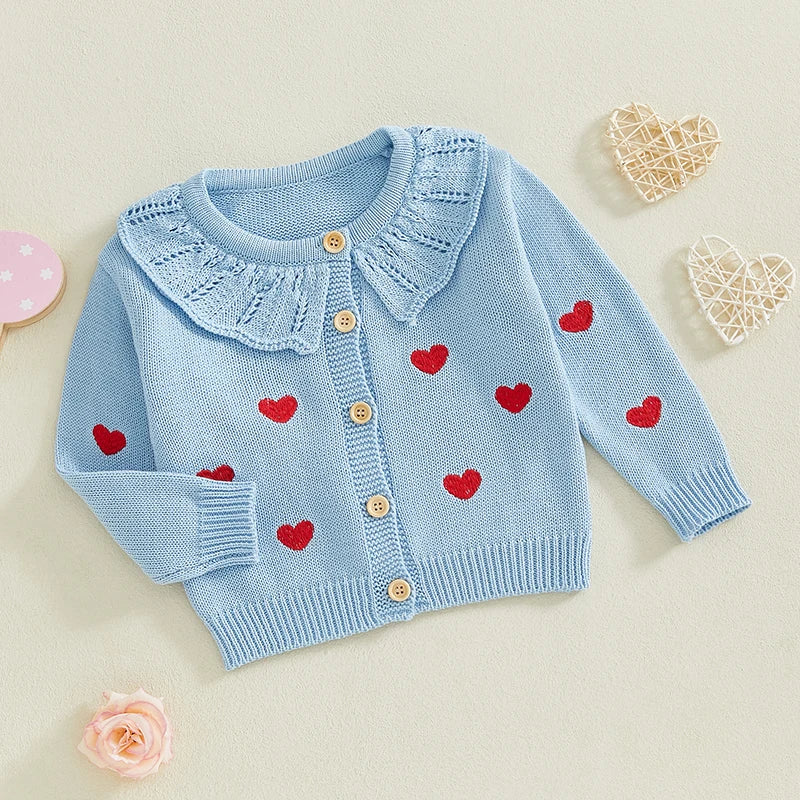 FOCUSNORM 0-5Y Valentines Days Little Kids Girls Cardigan Sweater 6 Colors Heart Embroidery Doll Collar Button Knitwear
