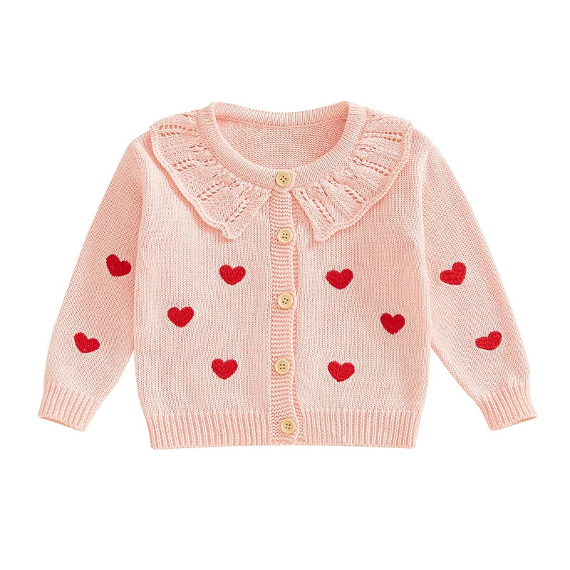 FOCUSNORM 0-5Y Valentines Days Little Kids Girls Cardigan Sweater 6 Colors Heart Embroidery Doll Collar Button Knitwear