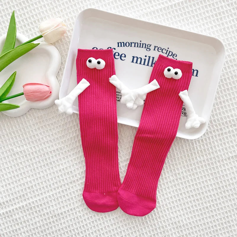 1 Pair Fashion Kids Paired Funny Cute Doll White Socks Woman Kawaii Medium Tube Hose Magnetic Socks With Hands Black White Color