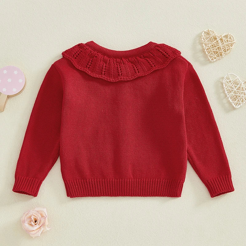 FOCUSNORM 0-5Y Valentines Days Little Kids Girls Cardigan Sweater 6 Colors Heart Embroidery Doll Collar Button Knitwear