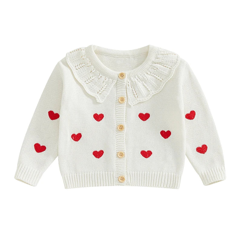 FOCUSNORM 0-5Y Valentines Days Little Kids Girls Cardigan Sweater 6 Colors Heart Embroidery Doll Collar Button Knitwear