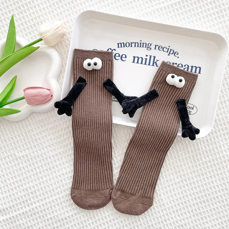1 Pair Fashion Kids Paired Funny Cute Doll White Socks Woman Kawaii Medium Tube Hose Magnetic Socks With Hands Black White Color