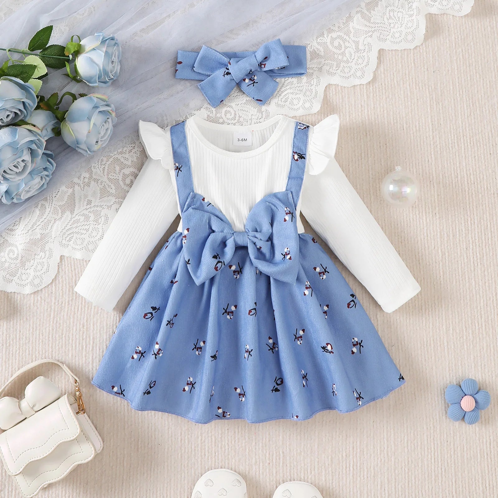 2pc/Set childrens' baby girl Dress Color blocking Broken flowers Big Bow Princess Dress+Headband 0-24 Months Baby Fashion Dress