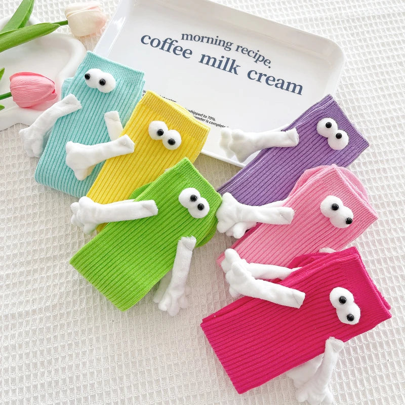 1 Pair Fashion Kids Paired Funny Cute Doll White Socks Woman Kawaii Medium Tube Hose Magnetic Socks With Hands Black White Color