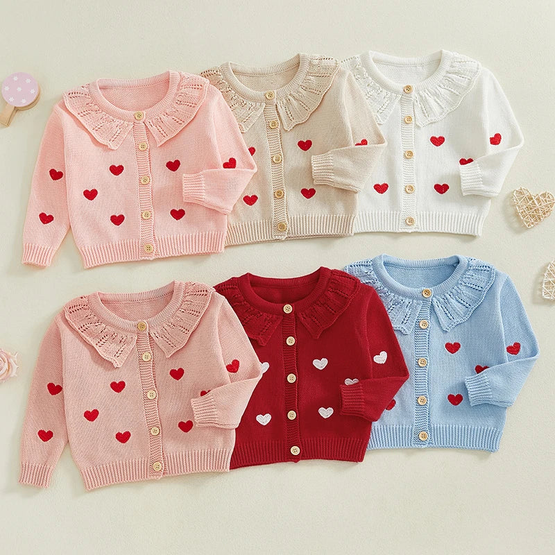 FOCUSNORM 0-5Y Valentines Days Little Kids Girls Cardigan Sweater 6 Colors Heart Embroidery Doll Collar Button Knitwear
