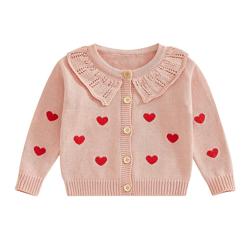 FOCUSNORM 0-5Y Valentines Days Little Kids Girls Cardigan Sweater 6 Colors Heart Embroidery Doll Collar Button Knitwear