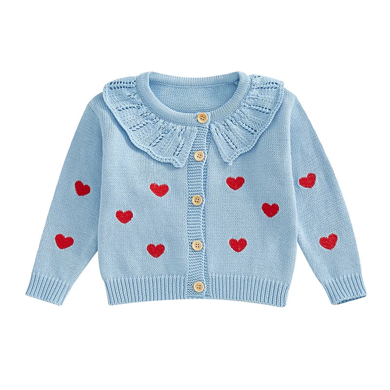 FOCUSNORM 0-5Y Valentines Days Little Kids Girls Cardigan Sweater 6 Colors Heart Embroidery Doll Collar Button Knitwear