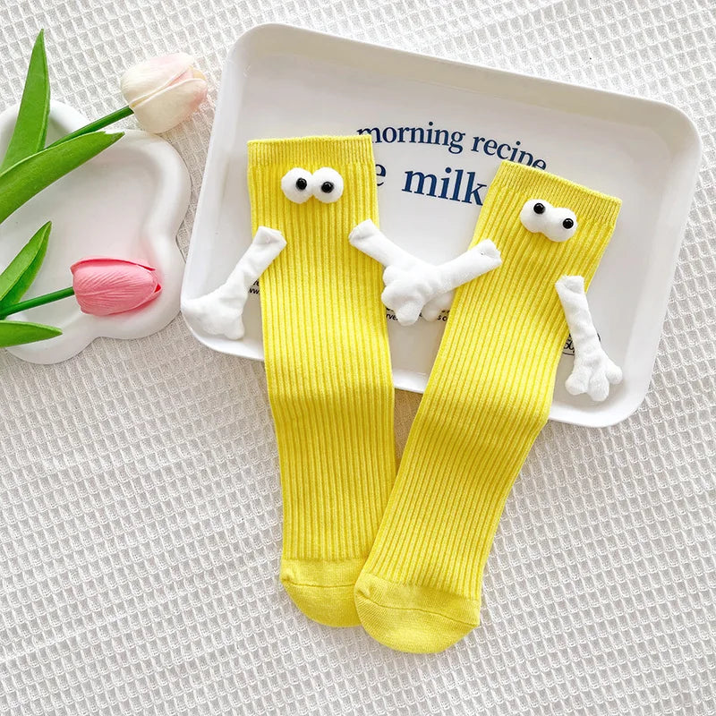 1 Pair Fashion Kids Paired Funny Cute Doll White Socks Woman Kawaii Medium Tube Hose Magnetic Socks With Hands Black White Color