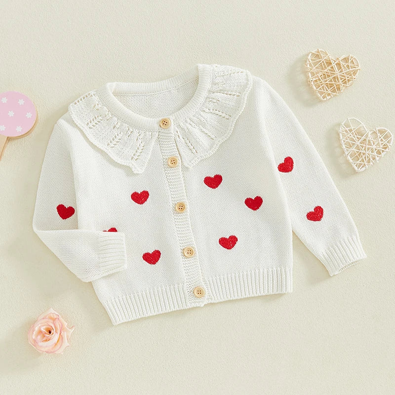 FOCUSNORM 0-5Y Valentines Days Little Kids Girls Cardigan Sweater 6 Colors Heart Embroidery Doll Collar Button Knitwear
