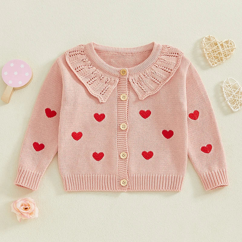 FOCUSNORM 0-5Y Valentines Days Little Kids Girls Cardigan Sweater 6 Colors Heart Embroidery Doll Collar Button Knitwear