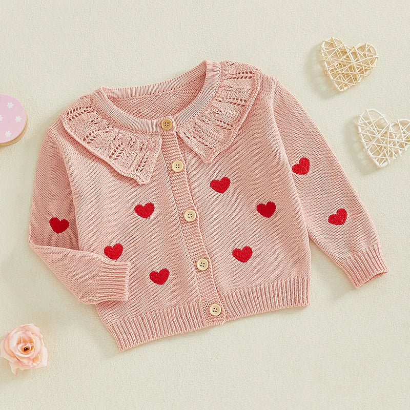 FOCUSNORM 0-5Y Valentines Days Little Kids Girls Cardigan Sweater 6 Colors Heart Embroidery Doll Collar Button Knitwear