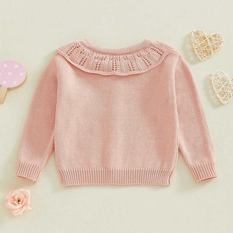 FOCUSNORM 0-5Y Valentines Days Little Kids Girls Cardigan Sweater 6 Colors Heart Embroidery Doll Collar Button Knitwear