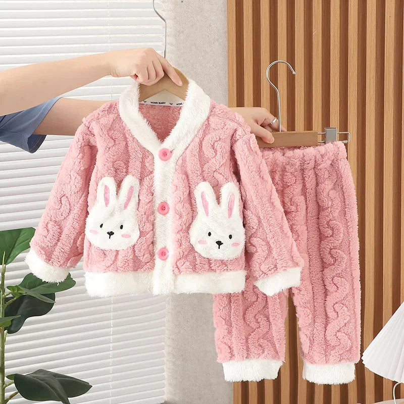Girls' Autumn Winter Sleepwear Set Baby Fashion Plush Home Clothes Infant Children Small Cute Fleece Coral Velvet Pajamas