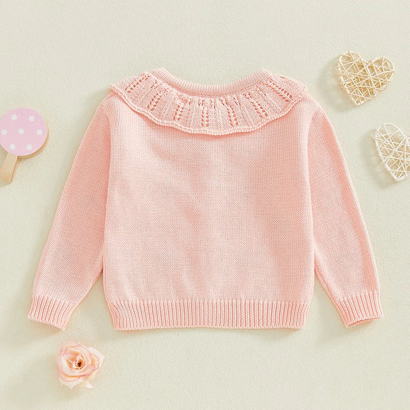 FOCUSNORM 0-5Y Valentines Days Little Kids Girls Cardigan Sweater 6 Colors Heart Embroidery Doll Collar Button Knitwear