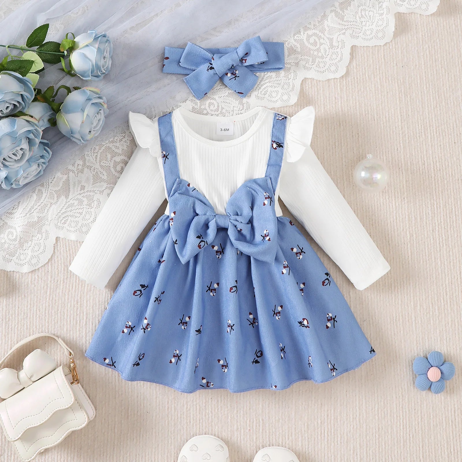 2pc/Set childrens' baby girl Dress Color blocking Broken flowers Big Bow Princess Dress+Headband 0-24 Months Baby Fashion Dress