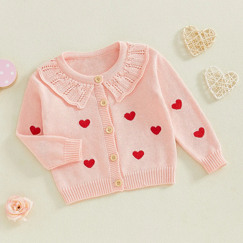 FOCUSNORM 0-5Y Valentines Days Little Kids Girls Cardigan Sweater 6 Colors Heart Embroidery Doll Collar Button Knitwear