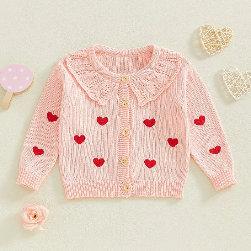 FOCUSNORM 0-5Y Valentines Days Little Kids Girls Cardigan Sweater 6 Colors Heart Embroidery Doll Collar Button Knitwear