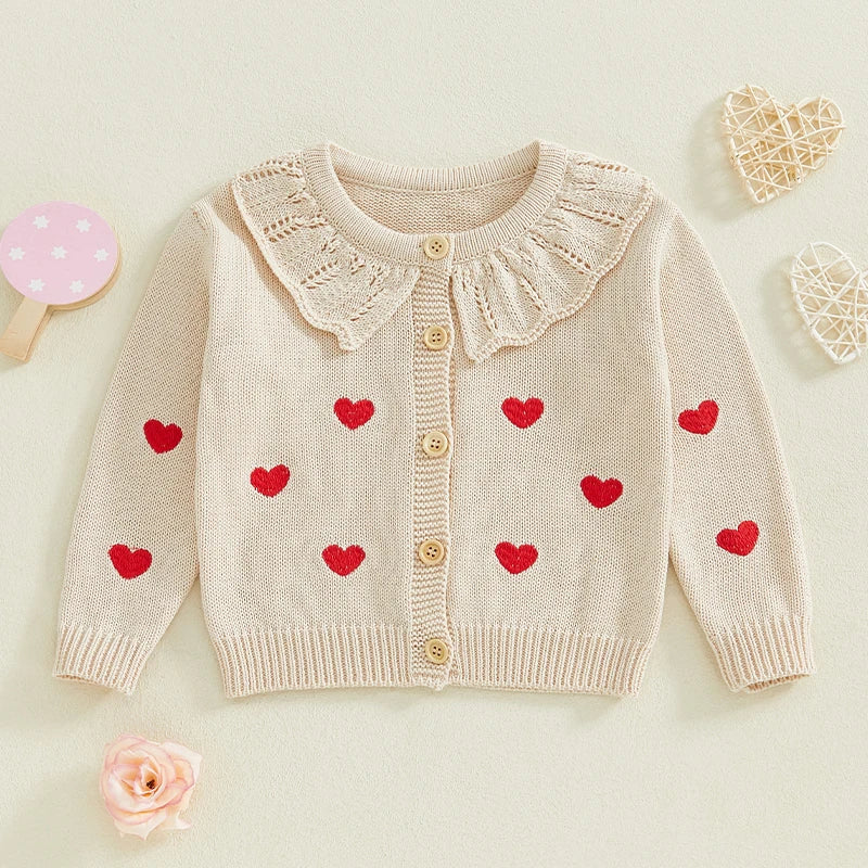 FOCUSNORM 0-5Y Valentines Days Little Kids Girls Cardigan Sweater 6 Colors Heart Embroidery Doll Collar Button Knitwear