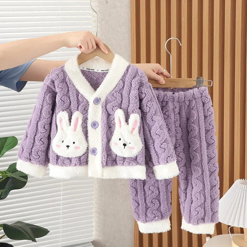 Girls' Autumn Winter Sleepwear Set Baby Fashion Plush Home Clothes Infant Children Small Cute Fleece Coral Velvet Pajamas