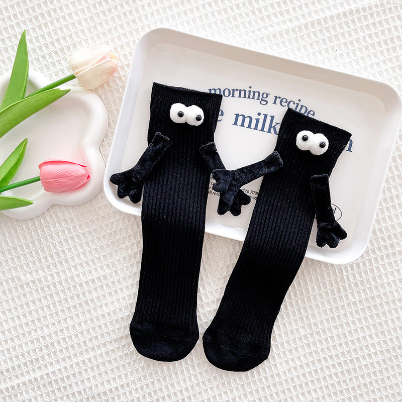 1 Pair Fashion Kids Paired Funny Cute Doll White Socks Woman Kawaii Medium Tube Hose Magnetic Socks With Hands Black White Color