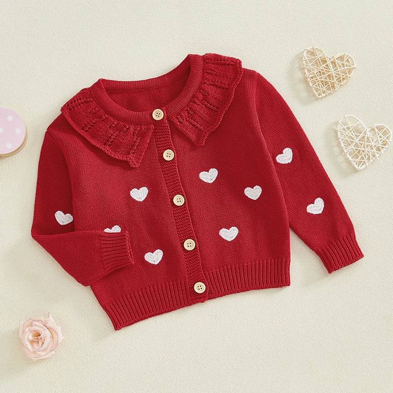 FOCUSNORM 0-5Y Valentines Days Little Kids Girls Cardigan Sweater 6 Colors Heart Embroidery Doll Collar Button Knitwear