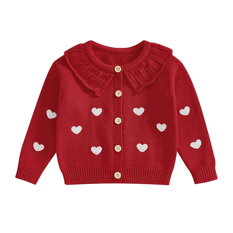 FOCUSNORM 0-5Y Valentines Days Little Kids Girls Cardigan Sweater 6 Colors Heart Embroidery Doll Collar Button Knitwear