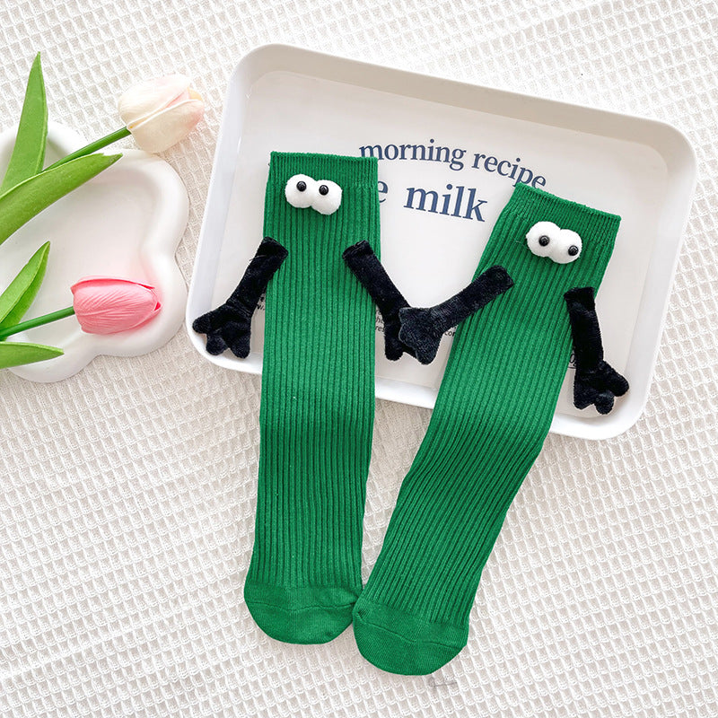 1 Pair Fashion Kids Paired Funny Cute Doll White Socks Woman Kawaii Medium Tube Hose Magnetic Socks With Hands Black White Color