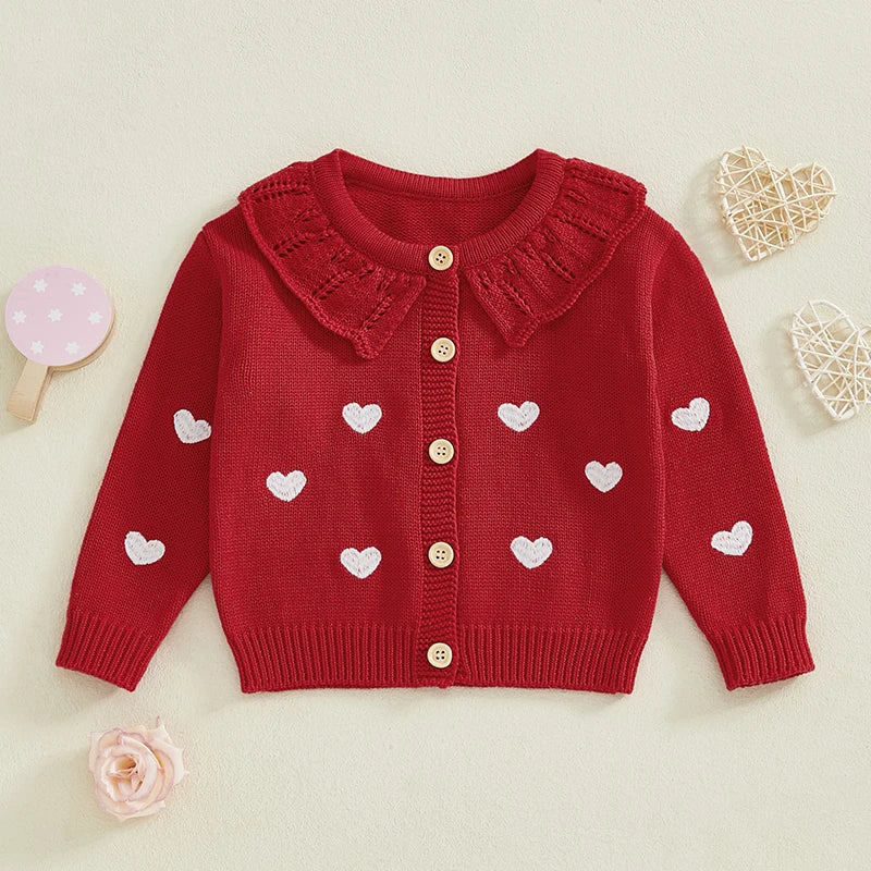 FOCUSNORM 0-5Y Valentines Days Little Kids Girls Cardigan Sweater 6 Colors Heart Embroidery Doll Collar Button Knitwear