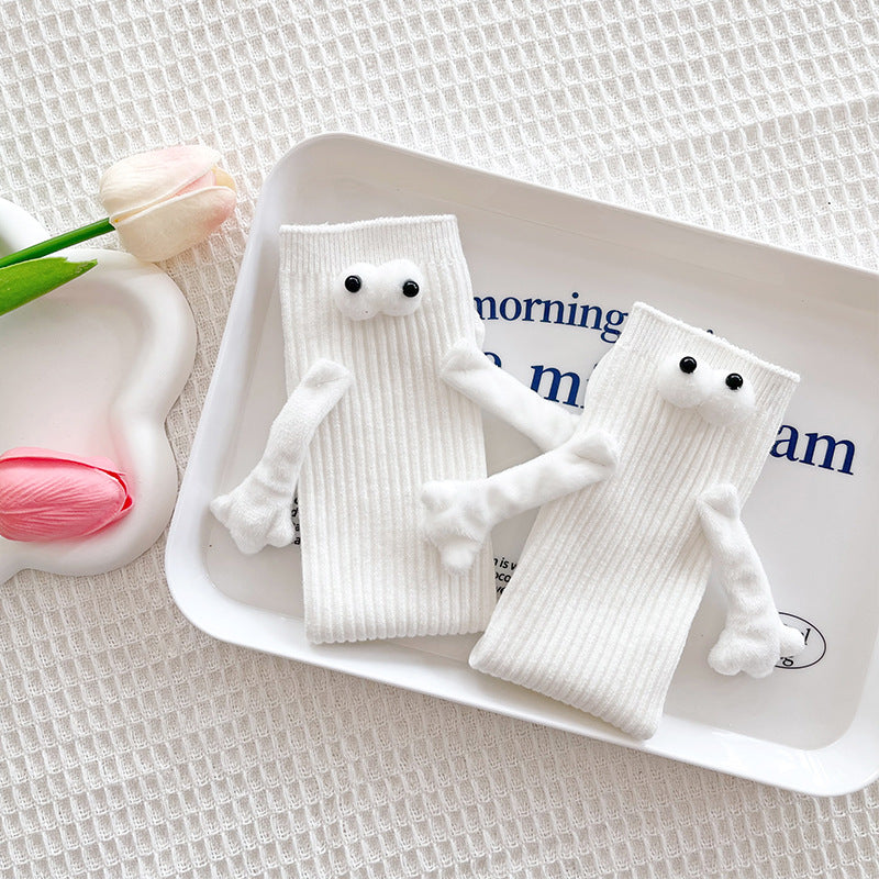 1 Pair Fashion Kids Paired Funny Cute Doll White Socks Woman Kawaii Medium Tube Hose Magnetic Socks With Hands Black White Color