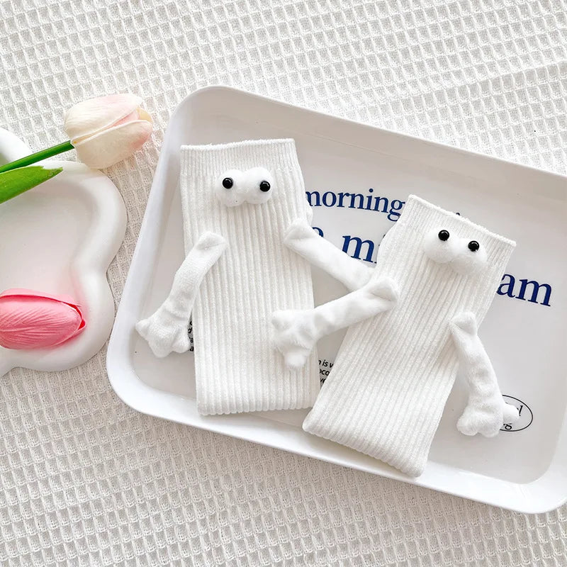 1 Pair Fashion Kids Paired Funny Cute Doll White Socks Woman Kawaii Medium Tube Hose Magnetic Socks With Hands Black White Color